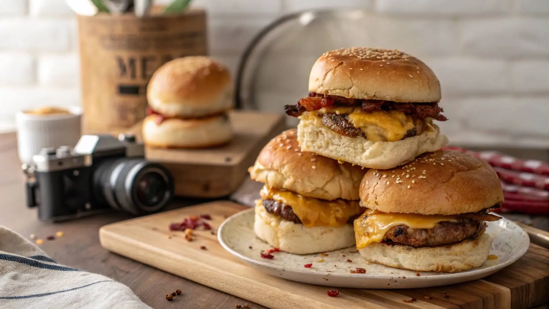 Delicious breakfast sliders with eggs, sausage, and melted cheese on a platter