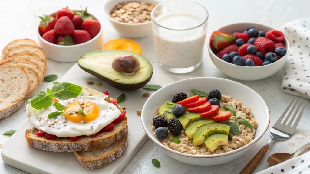 Healthy low salt breakfast spread featuring avocado toast, oatmeal with fresh toppings, and a low-sodium yogurt parfait.