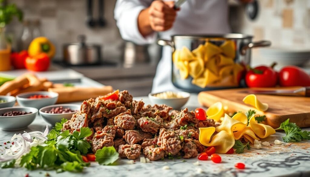 Philly Cheesesteak Tortellini Steak Preparation