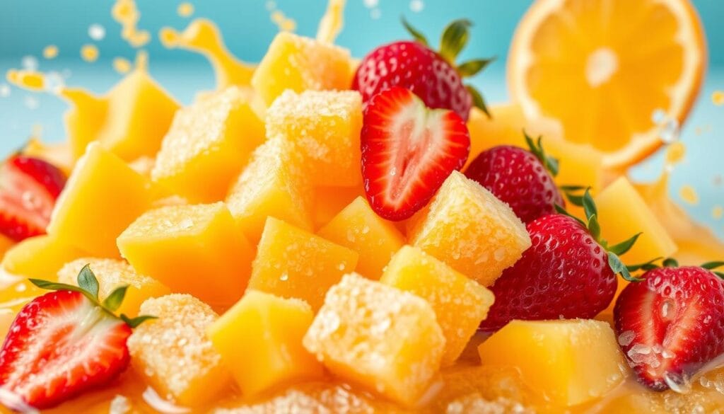 frozen mango chunks, frozen strawberries, fresh orange juice