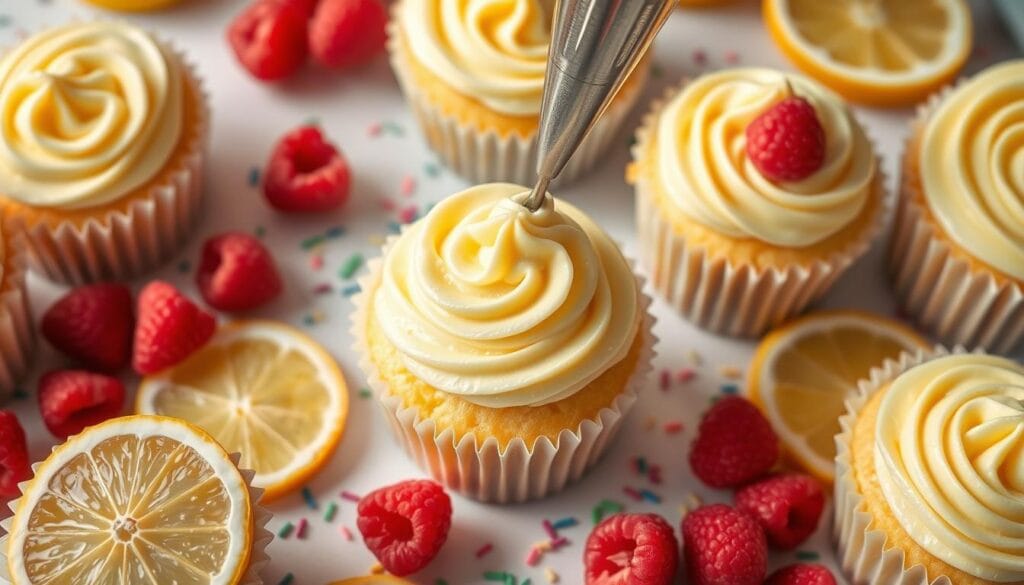 Raspberry Lemon Cupcakes Frosting Process